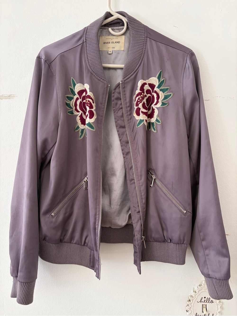 river island embroidered floral bomber jacket size 12 UK